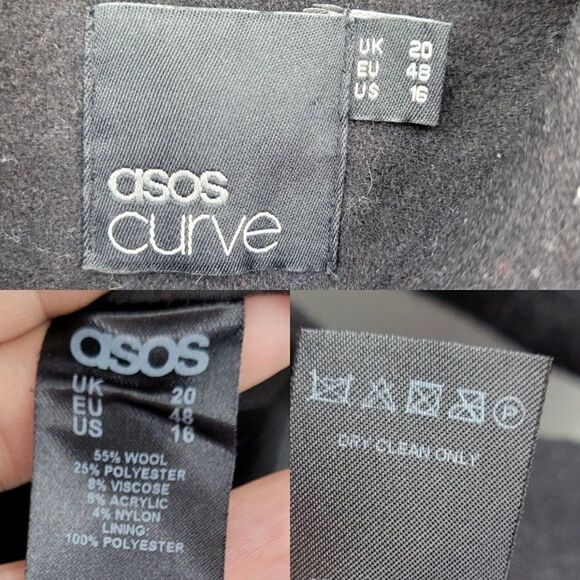 ASOS Curve Peacoat Wool Feminine Military Belted Long Black 16 Trenchcore - Picture 3 of 17